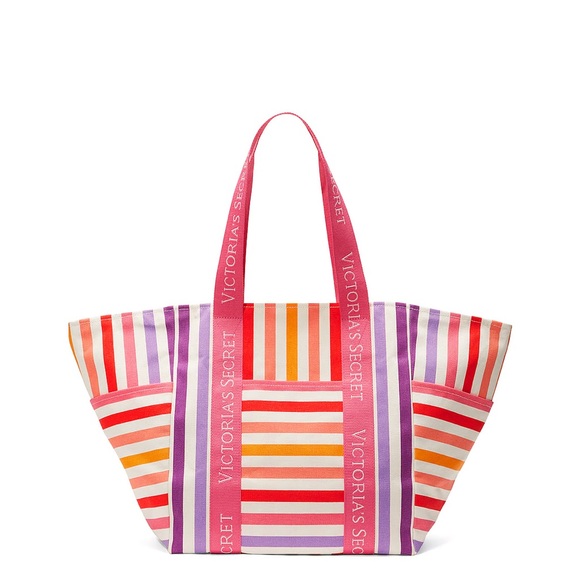Victoria’s Secret pink and orange stripe zipper tote bag - Picture 3 of 7